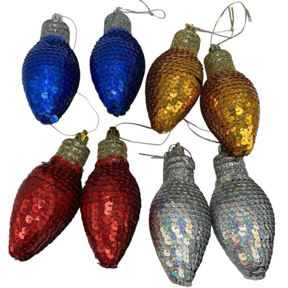 Lot of 8 Sequin Christmas Light Bulb Shape Ornament Colorful Shiny Festive Decor - Picture 2 of 10